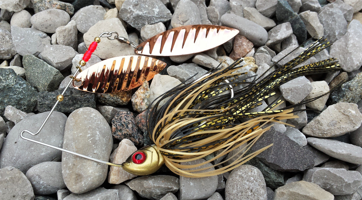 Fishslayer Tackle 3/8oz Clatter Jig / Spinners Fish Fry -- Black Body With  Gold Beads & A Gold Spinner